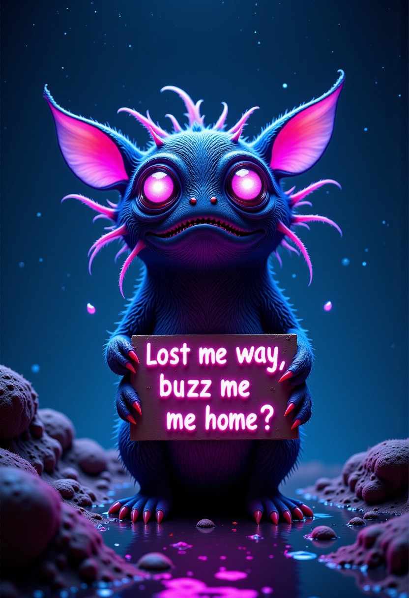 A strange creature holding a sign saying "Lost my way, buzz me home?", intricate details, big eyes, mystical, stunning, award winning, cinematic still, dreamlike, otherworldly, vivid colors, dramatic lighting, colors ranging from purple to blue, very detailed, 4k, dramatic light, night time, stars, universe, w31rd13sfl1