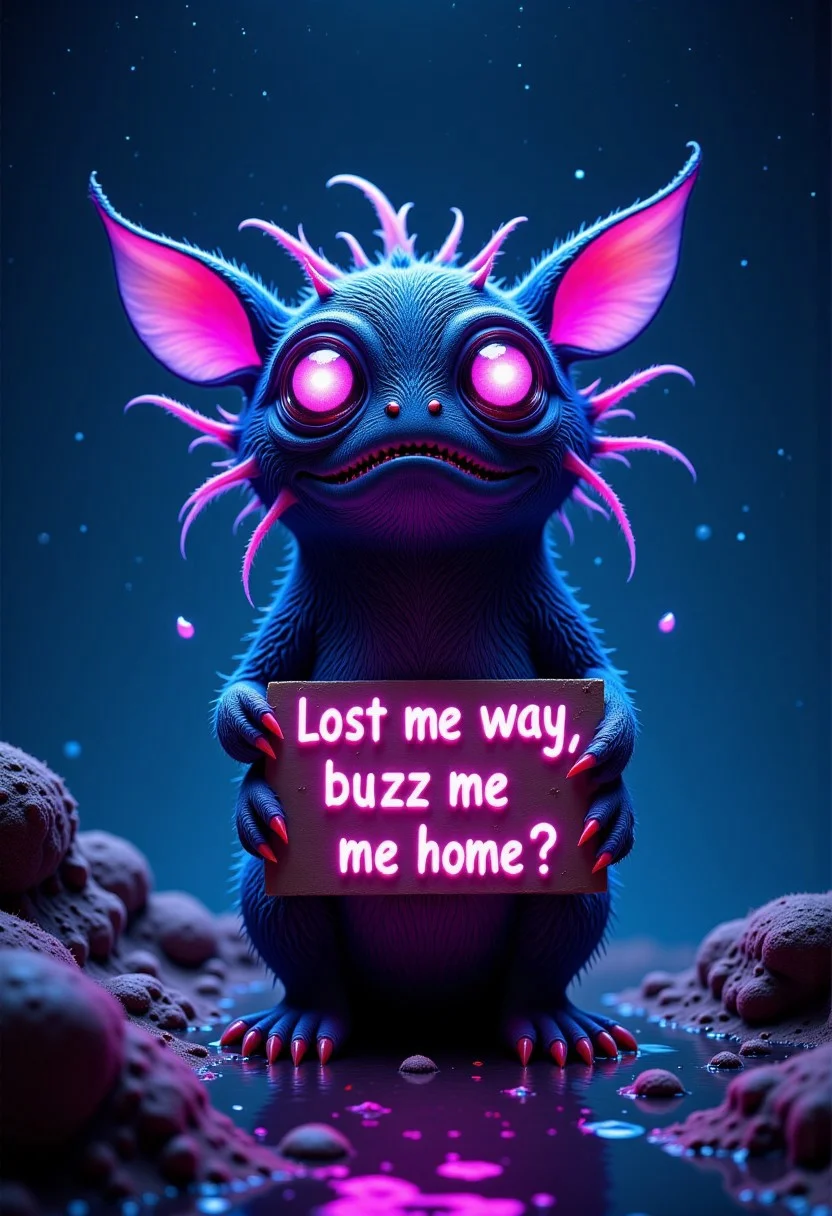 A strange creature holding a sign saying "Lost my way, buzz me home?", intricate details, big eyes, mystical, stunning, award winning, cinematic still, dreamlike, otherworldly, vivid colors, dramatic lighting, colors ranging from purple to blue, very detailed, 4k, dramatic light, night time, stars, universe, w31rd13sfl1