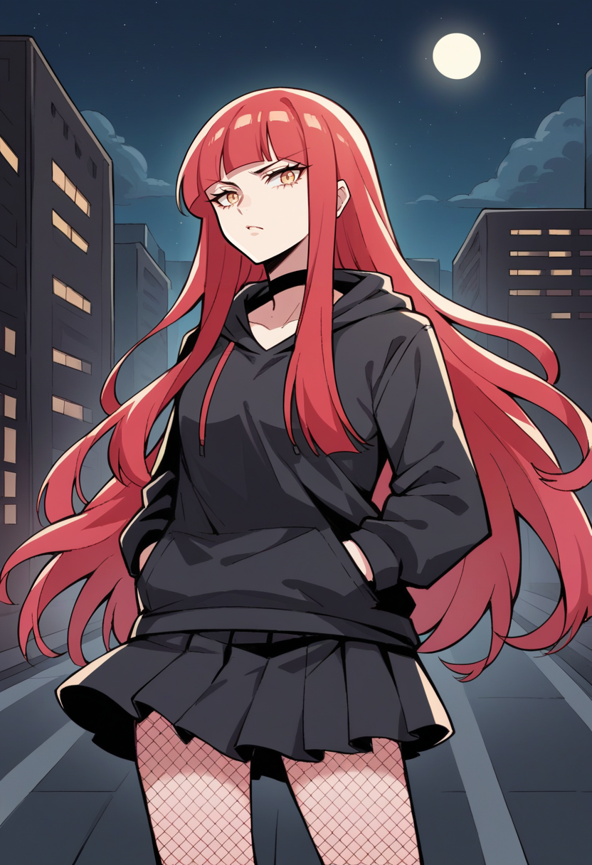 score_9, score_8_up, score_7_up, source_anime BREAK 1girl, solo,  <lora:zs_SahoriXL_1:1> sahorismtv, long hair, blunt bangs, red hair, black tank top, black hoodie, choker, black skirt, frilled skirt, fishnets, city, night, cowboy shot, hands in pockets,