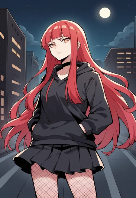 score_9, score_8_up, score_7_up, source_anime BREAK 1girl, solo, <lora:zs_SahoriXL_1:1> sahorismtv, long hair, blunt bangs, red hair, black tank top, black hoodie, choker, black skirt, frilled skirt, fishnets, city, night, cowboy shot, hands in pockets,