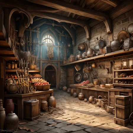 RAW photo, (masterpiece:1.3), subsurface scattering, heavy shadow, (high quality:1.4), (intricate, high detail:1.2), professional photography, HDR, High Dynamic Range, realistic, ultra realistic, photorealistic, high resolution, film photography, ambient lighting, atmospheric effects, <lora:detail_slider_v4:2>, OverallDetail,  <lora:Fantasy_Interiors:1>,barrel, basket, cage, fantint, food, indoors, ladder, no humans, paper, plate, scenery, sword, traditional media