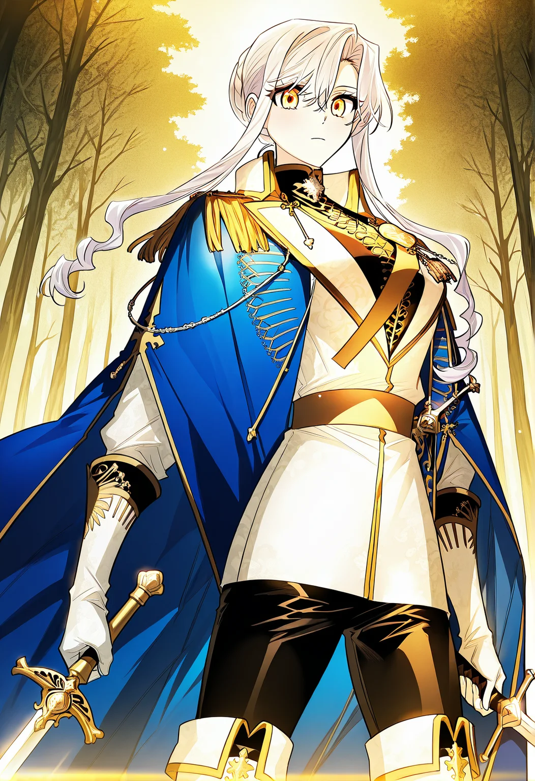 <lora:Sigrid__Sigrid__Illustrious v2:1>
Sigrid, 1girl, solo, masterpiece, best quality, beautiful female knight, long braided white hair, golden eyes, slim athletic body,
sigrid_royal_ceremonial_uniform, wearing a black and white royal ceremonial uniform with gold decorations, royal blue cape with golden embroidery, white thigh-high boots, ornate silver brooch, black pants
masterpiece, best quality,high quality, newest, highres,8K,HDR,absurdres, score_9, score_8_up, score_7_up, very aesthetic, source_anime, detailed, high quality, beautiful, masterpiece, detailed eyes, holding sword, looking at viewer, cowboy shot, legs apart, outdoors, night, golden theme, fog, forest