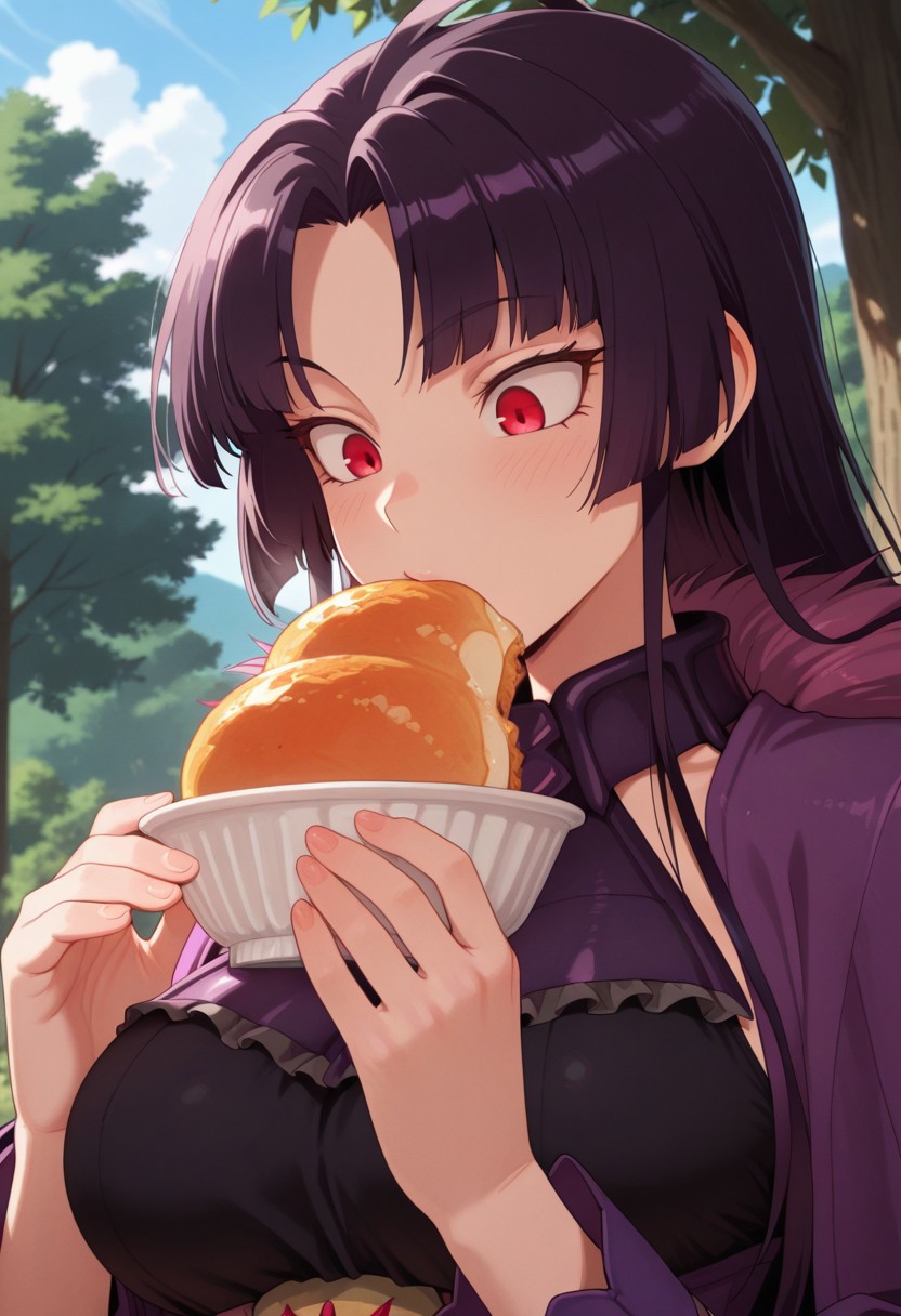 masterpiece,best quality,amazing quality, wridra, red eyes, long hair, dark purple hair, 1girl, solo, food, tree, outdoors, sky, day, bangs, upper body
