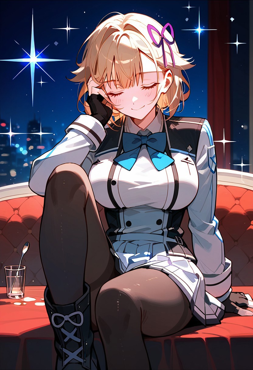 score_9,score_8_up,score_7_up,source_anime, Pearl Diamond,1girl,solo,breasts,blush,smile,large breasts,skirt,long sleeves,gloves,holding,bow,ribbon,closed mouth,sitting,school uniform,closed eyes,hair ribbon,pantyhose,pleated skirt,boots,black gloves,bowtie,fingerless gloves,black pantyhose,sparkle,blue bow,white skirt,hand on own face,blue bowtie,spoon,holding spoon,