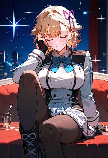 score_9,score_8_up,score_7_up,source_anime, Pearl Diamond,1girl,solo,breasts,blush,smile,large breasts,skirt,long sleeves,gloves,holding,bow,ribbon,closed mouth,sitting,school uniform,closed eyes,hair ribbon,pantyhose,pleated skirt,boots,black gloves,bowtie,fingerless gloves,black pantyhose,sparkle,blue bow,white skirt,hand on own face,blue bowtie,spoon,holding spoon,