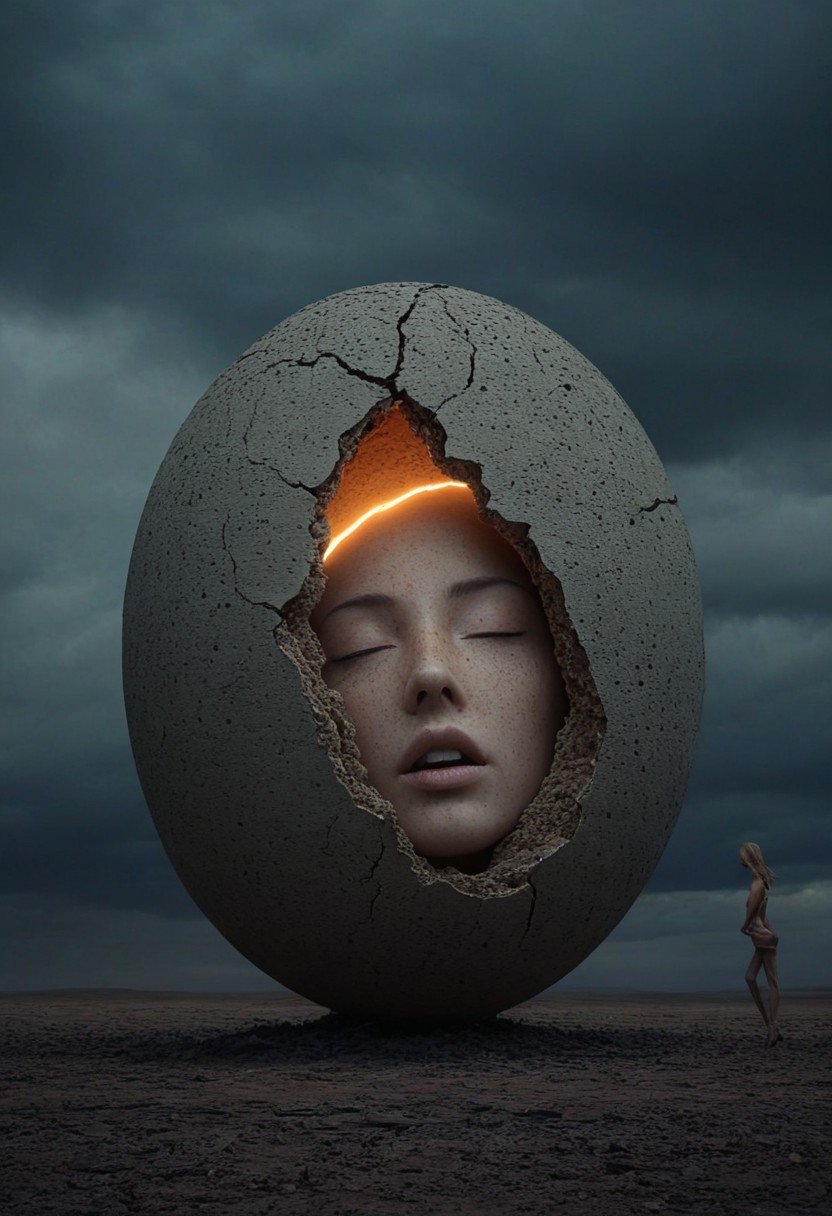 This image is a digitally created surreal art piece by the artist Kamenko. It depicts a stylized, abstract figure of a woman's face emerging from a large, cracked, egg-shaped structure, set against a barren, sandy landscape that stretches out towards the horizon under a dramatic, stormy sky. The figure’s face is that of a woman with closed eyes, a small, delicate nose, and a scattering of freckles across her cheeks and nose. Her skin is smooth and pale, with subtle shading suggesting realism. 
The egg-shaped structure, likely made from a rough, sandy material like concrete or stone, is cracked open to reveal a narrow, glowing, vertical slit down the center, which emits an orange, neon-like light, adding a surreal, almost ethereal quality to the scene. The light pierces through the middle of the woman's face, highlighting her serene expression and creating an eerie, almost supernatural effect. The sky above is a dark, foreboding blend of dark grays and deep blues, with dramatic, stormy clouds hinting at an impending change in weather. The landscape is barren and vast, with no trees or other natural elements, emphasizing the surreal, almost alien nature of the scene.