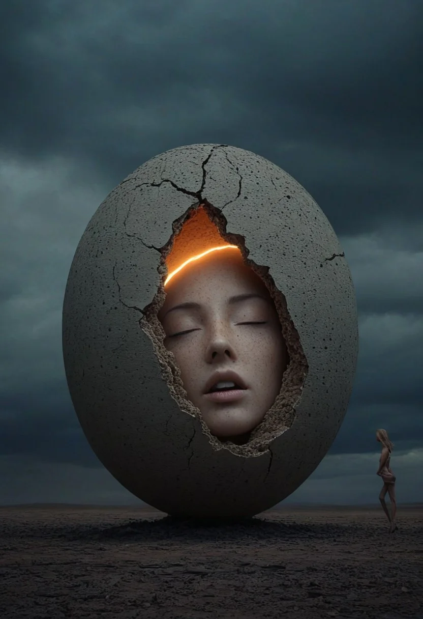 This image is a digitally created surreal art piece by the artist Kamenko. It depicts a stylized, abstract figure of a woman's face emerging from a large, cracked, egg-shaped structure, set against a barren, sandy landscape that stretches out towards the horizon under a dramatic, stormy sky. The figure’s face is that of a woman with closed eyes, a small, delicate nose, and a scattering of freckles across her cheeks and nose. Her skin is smooth and pale, with subtle shading suggesting realism. 
The egg-shaped structure, likely made from a rough, sandy material like concrete or stone, is cracked open to reveal a narrow, glowing, vertical slit down the center, which emits an orange, neon-like light, adding a surreal, almost ethereal quality to the scene. The light pierces through the middle of the woman's face, highlighting her serene expression and creating an eerie, almost supernatural effect. The sky above is a dark, foreboding blend of dark grays and deep blues, with dramatic, stormy clouds hinting at an impending change in weather. The landscape is barren and vast, with no trees or other natural elements, emphasizing the surreal, almost alien nature of the scene.