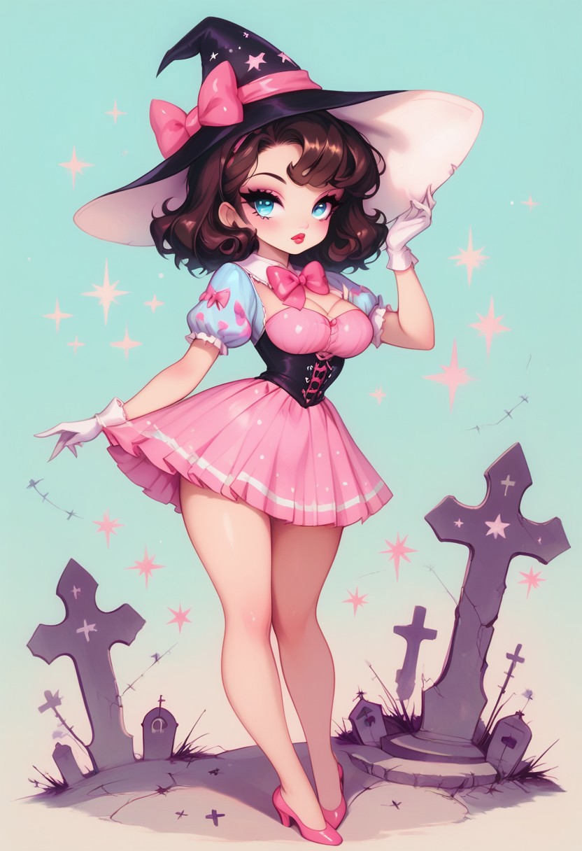 score_9, score_8_up, score_7_up,
masterpiece, best quality, detailed, amazing quality,
detailed background, graveyard, pastel,
detailed eyes, clean eyes, 
dynamic pose,
solo, 1woman, woman, pale skin, short hair, blue eyes, dark brown hair, messy hair, curvy,
easynegative,
k33n3r, reij-pnkwtch, short skirt, hat