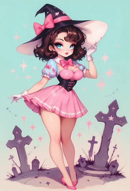 score_9, score_8_up, score_7_up,
masterpiece, best quality, detailed, amazing quality,
detailed background, graveyard, pastel,
detailed eyes, clean eyes, 
dynamic pose,
solo, 1woman, woman, pale skin, short hair, blue eyes, dark brown hair, messy hair, curvy,
easynegative,
k33n3r, reij-pnkwtch, short skirt, hat