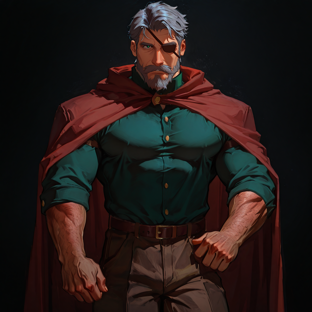 <lora:Marlon (IL):.75>, MarlonSV, medium hair, grey hair, green eyes, beard, mustache, eyepatch, mature male, muscular, red cape, green long sleeve shirt, belt, brown pants, boots,
cowboy shot, 
(very short hair), male focus, muscular male, large pectorals, muscular male, bara, mature, (hairy body, hairy, body hair, arm hair, leg hair, hairy body, glossy skin, bara, mature, facial hair, beard, full beard, sideburn, mustache, stubble), facial hair, bara, mature, body hair, aixiwuganda_(20222192), very awa, masterpiece, best quality, absurdres, newest, perfect quality, detailed background, intricate details,<lora:slider_Body Type_alpha1.0_rank4_noxattn_last:2><lora:Anime Summer Days 2 Style SDXL_LoRA_Pony Diffusion V6 XL:.6><lora:merged:.7>, DARK, DARK BACKGROUND, LOW-KEY LIGHTING <lora:slider_cfg_scale_boost:.7><lora:Artist6p:.55>, Artist6p, Artist04p,<lora:slider_il_brightness_slider_d1:-.5><lora:slider_il_contrast_slider_d1:-.25>,<lora:slider_contract_controller_illus01_v1:.3>, <lora:addon_illustriousXLv01_stabilizer_v1.121:.5>,<lora:slider_DarkSlider1.2_alpha1.0_rank16_full_300steps:-.2><lora:Heavenly_Beauty_r1:1>, (heavenlybeauty,)<lora:slider_style_strength_controller_illus01_v1:.25>
