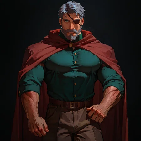 <lora:Marlon (IL):.75>, MarlonSV, medium hair, grey hair, green eyes, beard, mustache, eyepatch, mature male, muscular, red cape, green long sleeve shirt, belt, brown pants, boots,
cowboy shot, 
(very short hair), male focus, muscular male, large pectorals, muscular male, bara, mature, (hairy body, hairy, body hair, arm hair, leg hair, hairy body, glossy skin, bara, mature, facial hair, beard, full beard, sideburn, mustache, stubble), facial hair, bara, mature, body hair, aixiwuganda_(20222192), very awa, masterpiece, best quality, absurdres, newest, perfect quality, detailed background, intricate details,<lora:slider_Body Type_alpha1.0_rank4_noxattn_last:2><lora:Anime Summer Days 2 Style SDXL_LoRA_Pony Diffusion V6 XL:.6><lora:merged:.7>, DARK, DARK BACKGROUND, LOW-KEY LIGHTING <lora:slider_cfg_scale_boost:.7><lora:Artist6p:.55>, Artist6p, Artist04p,<lora:slider_il_brightness_slider_d1:-.5><lora:slider_il_contrast_slider_d1:-.25>,<lora:slider_contract_controller_illus01_v1:.3>, <lora:addon_illustriousXLv01_stabilizer_v1.121:.5>,<lora:slider_DarkSlider1.2_alpha1.0_rank16_full_300steps:-.2><lora:Heavenly_Beauty_r1:1>, (heavenlybeauty,)<lora:slider_style_strength_controller_illus01_v1:.25>
