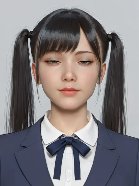 score_9, score_8_up, score_7_up, score_6_up,
beautiful girl, standing upright,
1girl,bust shot,Eyes Highlight,collared blouse,neck ribbon ties,Navy blue blazer,simple blazer,
white skin, pale skin,beautiful eyes,perfect eyes,
front view,from front,looking at viewer,
black hair, brown eyes,up side twintail,pigtails,smooth hair, straight hair,bangs,front bangs,
anime,anime style,illustration,line art,flat color,bright tone,
<lora:jitome_for_pony:0.6>jitome,hosome,half closed eyes, squinted eyes, narrowed eyes, narrow gaze,
simple background,gray background,
masterpiece,high quality,high resolution,high detail,
<lora:Concept Art Twilight Style SDXL_LoRA_Pony Diffusion V6 XL:1>concept art, Anime 2, Digital Art,Smooth,
<lora:Photo 2 Style SDXL_LoRA_Pony Diffusion V6 XL:1>raw,photo,realistic,