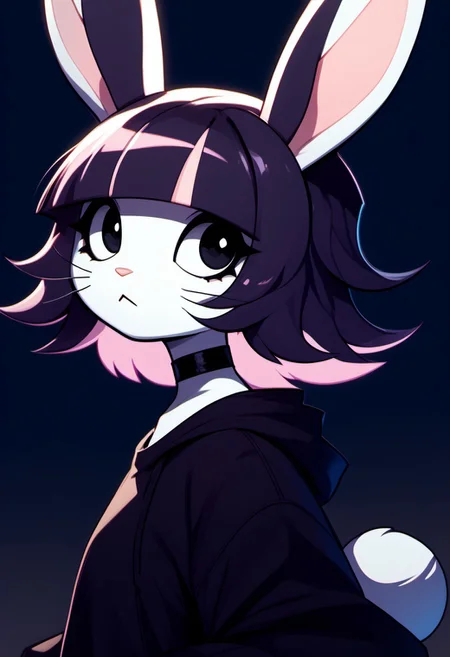 score_9, score_8_up, score_7_up, source_furry, FMW1, fluffy, painterly, vibrant details, Bubny,1girl,solo,rabbit girl,bangs,black hair,short hair,rabbit ears,multicolored hair,blunt bangs,furry female,black eyes,pink hair,purple hair,choker,rabbit girl,two-tone hair,rabbit tail,animal nose
