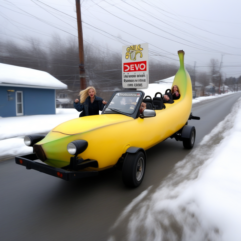 parody, 4 wheels, blonde hair, facial hair, banana, denim, snow, lamppost, 2girls, sign, power lines, shirt, photo background, english text, motion blur