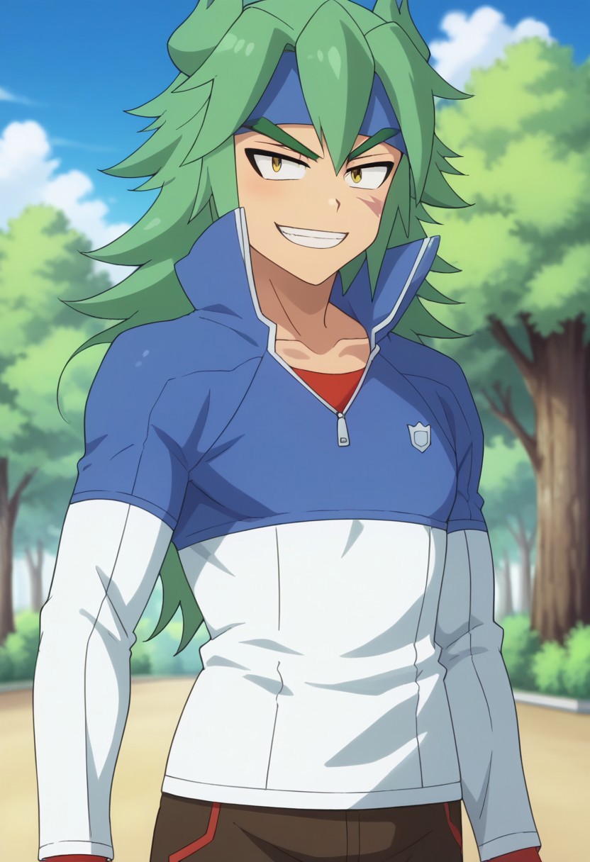 score_9, score_8_up, score_7_up, source_anime, highly detailed, 
masato, 1boy, male focus, solo, yellow eyes, green hair, long hair, headband, blue headband, scar, shirt, red shirt, jacket, high collar, blue jacket, white jacket, multicolored jacket, upper body, smile, grin
outdoor, sky, cloud, tree