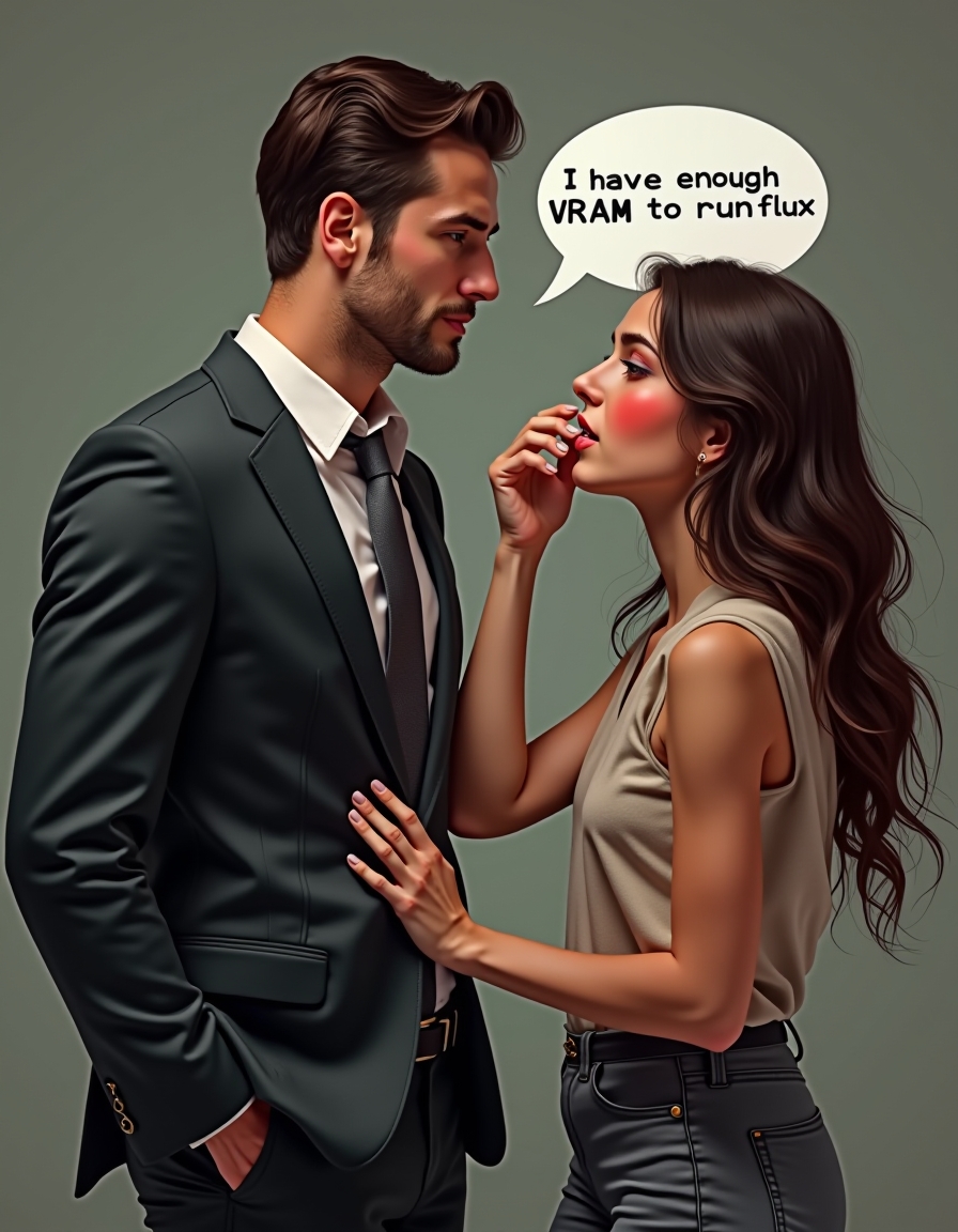 realistic image, professional photo , man saying in speech bubble "I have enough VRAM to run Flux", man is confident and calm, man is wearing classy suit , aroused blushing woman biting her own lip, woman looking at man with adoration and desire, woman is wearing casual clothes , perfect anatomy