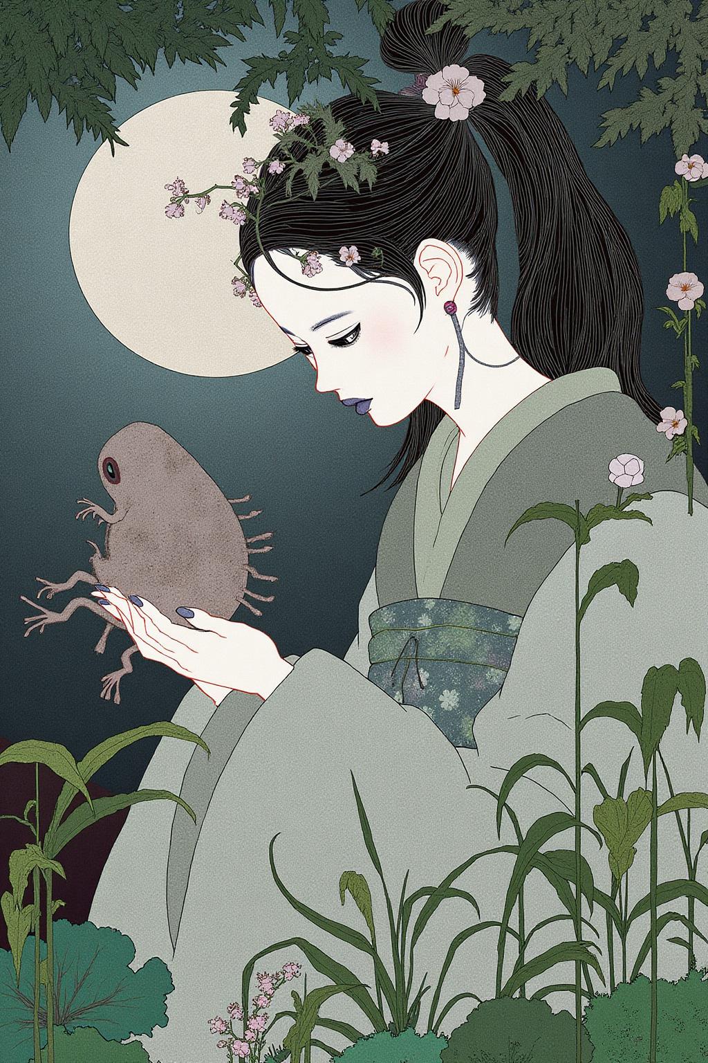 kchiba1 illustration.
A young woman with her hair styled in a high ponytail adorned with a small delicate flower. She is looking down at a toad in her hand.
There is a bright full moon in the background.
 <lora:kchiba1_cap_d6a3:1.0><lora:837662770695521049:0>