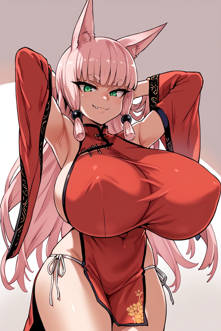 score_9, score_8_up, score_7_up, score_6_up, score_5_up, score_4_up, BREAK source_anime, faryn, breasts, , pink hair, animal ears, , , blunt bangs, arms up, , bangs, armpits, underwear, long hair, detached sleeves, gigantic breasts, , side-tie panties, dress, wide sleeves, green eyes, looking at viewer, smile, sidelocks, fang, , red dress, chinese clothes, , hands behind head<lora:EMS-431382-EMS:1.000000>, <lora:EMS-320391-EMS:0.800000>