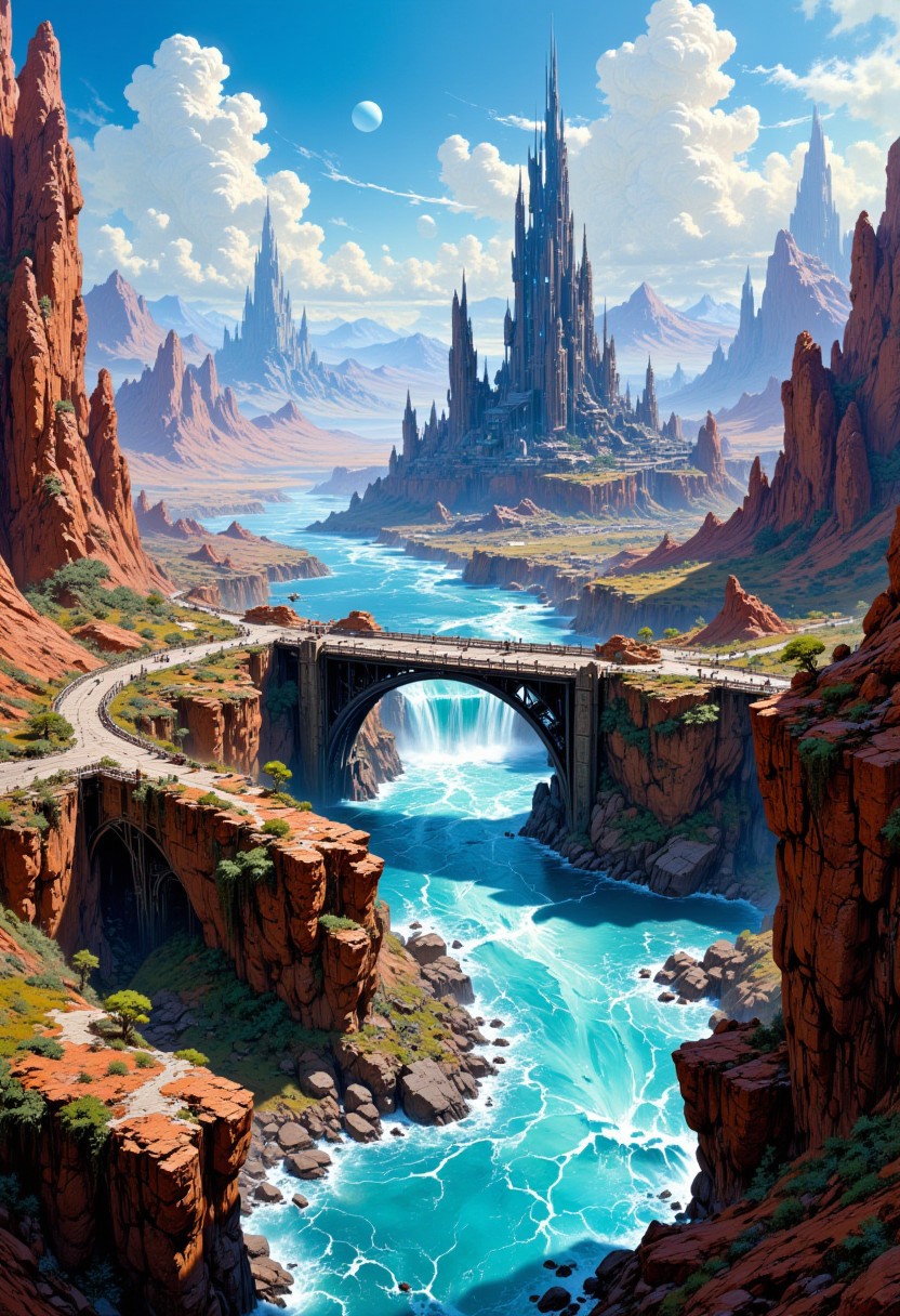 oil painting, rough, textural, broad brush strokes, of a bustling city on an alien planet, a bridge running over a clear, fast-flowing large river with azure waters, mythp0rt