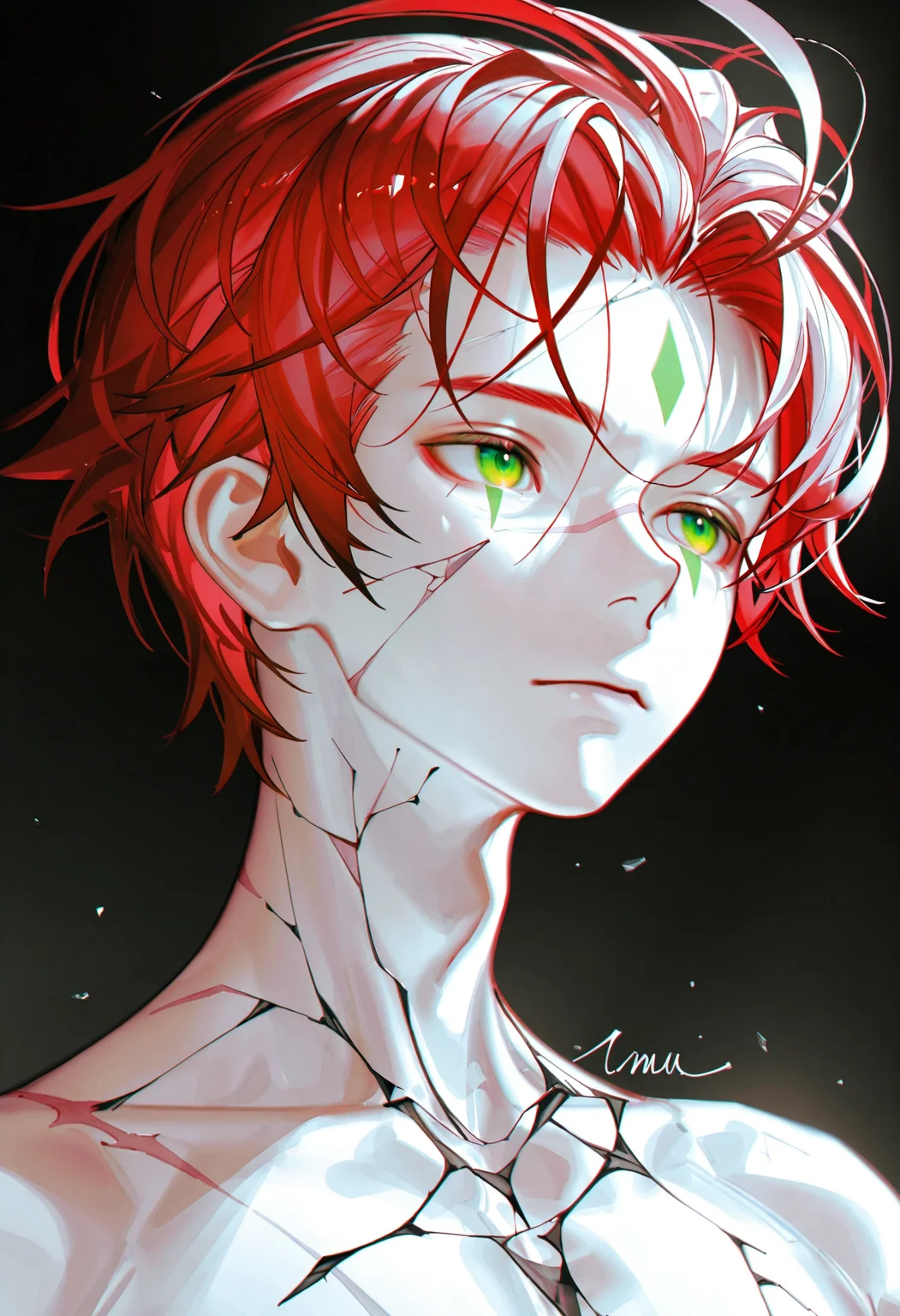 <lora:iumu_kam-illustriousXL_v01_V1-CAME-000035>, iumu_kam, 1boy, male focus, solo, red hair, facial mark, crack, black background, portrait, cracked skin, short hair, green eyes, forehead mark, simple background, scar, signature, scar on face