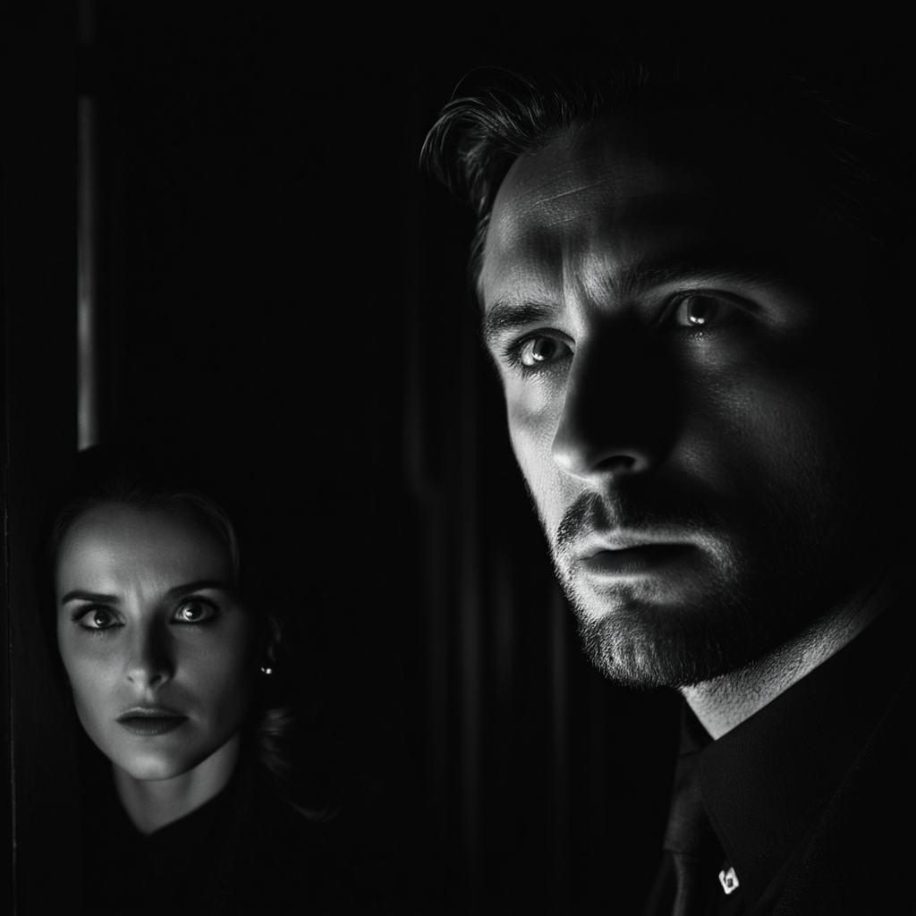 cinematic film still of  <lora:Split Diopter style:1>
From above, Split image focus of a closeup of a man is looking up at something with a woman in the background at door steps in a dark dim room in a scene from a film noir movie,Split Diopter style,solo,looking at viewer,1boy,monochrome,greyscale,shadow,black background,dark,eye focus,nearsighted,farsighted,split,split focus,focus,sharp focus,deep focus,Split focus,split screen , artistic, Kodak, dramatic light, dramatic shadow light, contrast, saturated color, cinematic, filmic, motion picture, realistic, realism, perfection, perfect, deep focus, clean image, wide screen, detailed image, cinematic, deep space composition, shallow depth of field, vignette, highly detailed, high budget, bokeh, cinemascope, moody, epic, gorgeous, film grain, grainy