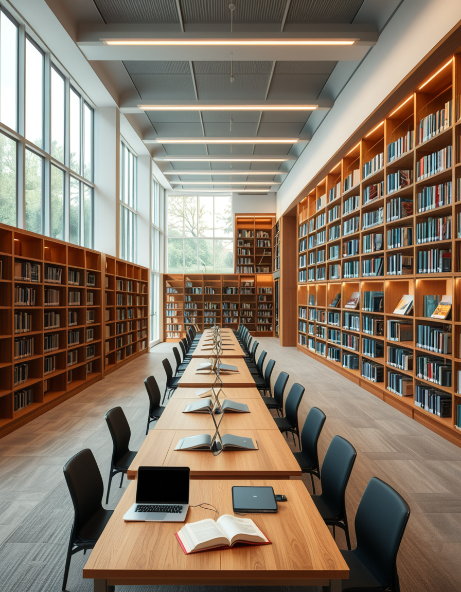 A high-resolution, ultra-realistic photograph of a modern college library interior. The scene showcases a spacious, open-plan design with large floor-to-ceiling windows allowing natural daylight to flood the space. The architectural style is contemporary, featuring minimalist furniture with clean lines: sleek wooden tables, ergonomic chairs in neutral tones (gray and beige), and built-in bookshelves made of light oak wood.
In the foreground, a group of diverse students (varied ethnicities and genders) are quietly studying, some using laptops, others reading books, with focused, calm expressions. One student is sipping coffee from a reusable cup.
The background displays rows of neatly organized books, indoor plants adding a touch of greenery, and modern pendant lights hanging from the ceiling, providing warm, ambient lighting. The floor is covered with soft gray carpet, and large abstract paintings decorate the walls, contributing to a cozy and intellectual atmosphere.
The overall mood is peaceful, studious, and inspiring, with balanced natural and artificial lighting, crisp details, and realistic textures, captured as if by a professional architectural photographer using a full-frame camera.
 <lora:SDXLFaeTastic2400:0.4> <lora:extremely_detailed:0.4> extremely detailed,<lora:modern_c0ll3g3_l1br4ry:1>,modern c0ll3g3 l1br4ry, Masterpiece,best quality,hi res,8k,hi res,8k,award winning,(sharp focus, intricate, highly detailed),