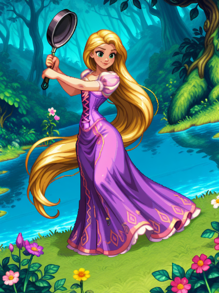 ,
1girl, (RapunzelXL:1.1), purple dress, very long hair, blonde hair, green eyes, puffy sleeves, short sleeves, corset, flat chest, narrow waist, wide hips,
very happy dutch angle, front, holding frying pan, , smile, fighting stance, nature, vegetation, lake, flowers, dynamic pose, full body, 
<lora:RapunzelXL_character-12:0.75>  <lora:dnfstyle-IL:1> ,dnfstyle,pixel art,,,