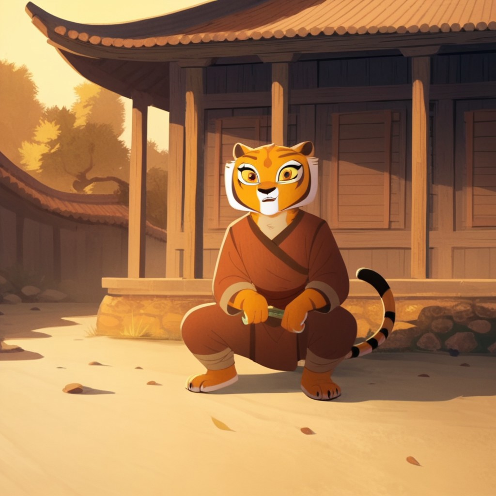 score_9, score_8_up, score_7_up, score_6_up, score_5_up, score_4_up, source_furry, tigresskfpv2, anthro, female, tiger, orange fur, barefoot, outside,  solo, 1girl, yellow sclera, orange eyes,