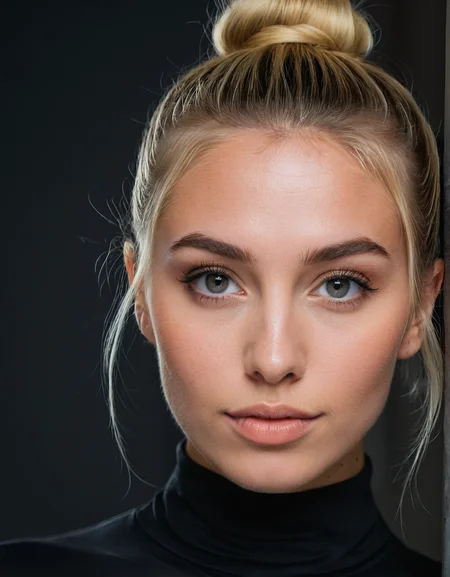 an eye contact of a blond with bun hair and dark theme  
