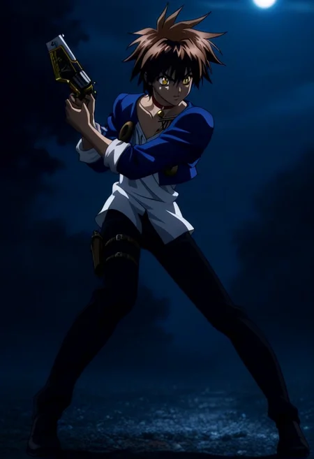 Anime, anime screencap, anime coloring, 1male only, male focus, solo male, one male only, single illustration only, handsome, cute, Train Heartnet, brown hair, gold eyes, red bell collar, XIII collarbone tattoo, blue cropped jacket, four gold circles, white untucked undershirt, v-neck outfit, rolled sleeves, black pants, leg gun holster, full body shot, gun, holding gun, action pose, intense movement, fight stance, nighttime, moonlight, dramatic lighting