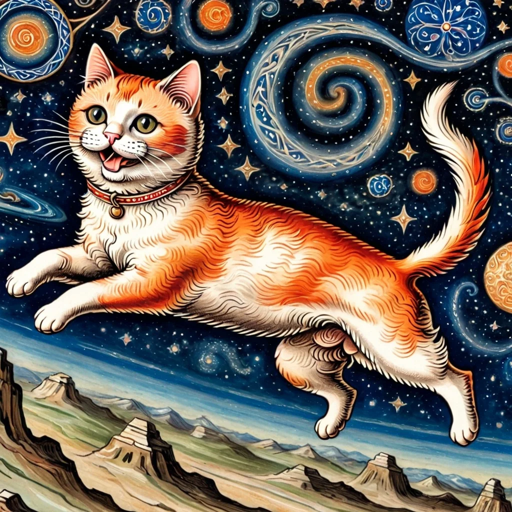 pam-mdvl jumping cat, space background,highly detailed, dynamic, masterpiece,intricate,hdr
