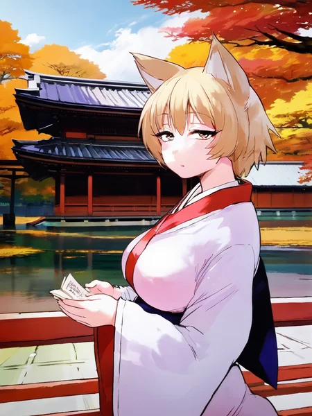 anime drawing of fuchibeppu chiyuri girl, masterpiece, best quality, miko prays in a Shinto shrine in honor of the fox goddess, blonde hair, <lora:fuchibeppu_safetensors:1>