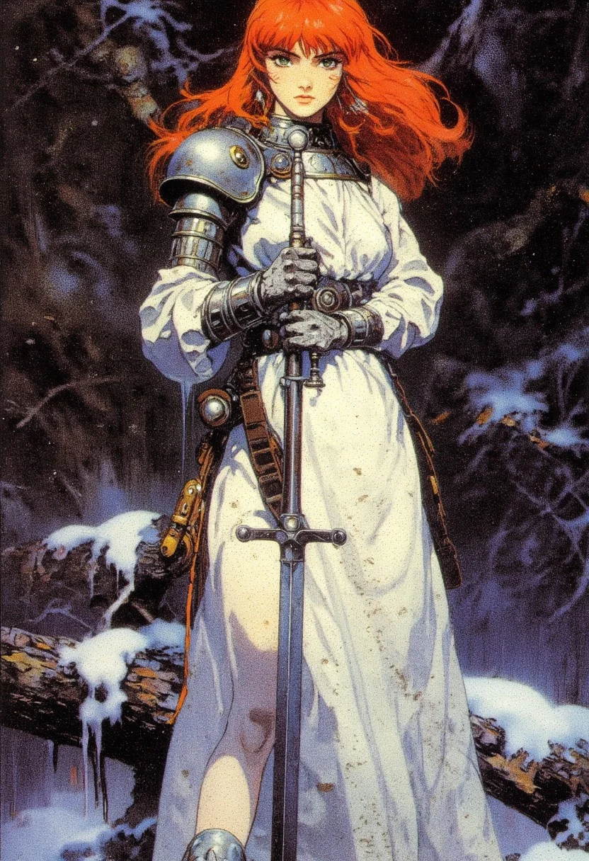 Frank Frazetta fantasy oil painting with 90s retro futuristic anime elements without noise or comic halftone effect. The subject is a woman with bright red hair blowing in the wind and green eyes. Her face showing a serious expression. The stark white gossamer dress. Her body is slender and athletic. Her body is slender and pale. she wears a medieval knights breastplate over her dress, she stands defiantly with both hands on her hips. The background is a detailed dark and snowy forest. The composition and the poses are dynamic. The composition is dominated by cool tones, with a muted, slightly gritty texture that enhances the gritty, medieval fantasy atmosphere.