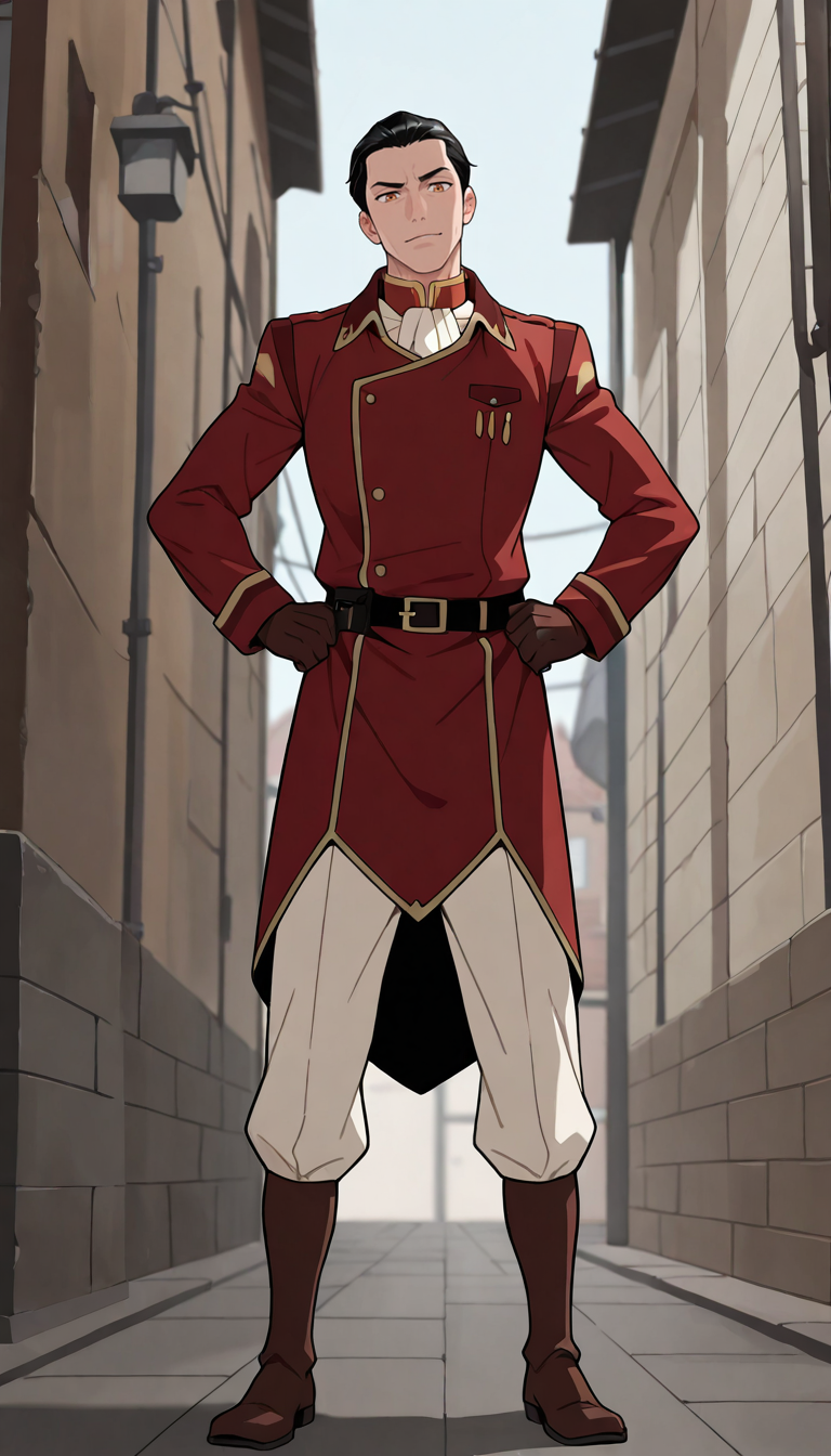 masterpiece,best quality,absurdres,newest,perfect quality,best quality,absolutely eye-catching,detailed background,intricate details,male focus,solo,<lora:Legend of Korra - General Iroh - Illustrious-000006:0.7>,geniroh,black hair,short hair,slicked back hair,amber eyes,short red uniform coat,white neckerchief,brown gloves,brown belt,white pants,brown boots,outdoors,head tilt,looking at viewer,seductive look,hands on own hips,