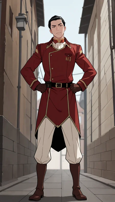 masterpiece,best quality,absurdres,newest,perfect quality,best quality,absolutely eye-catching,detailed background,intricate details,male focus,solo,<lora:Legend of Korra - General Iroh - Illustrious-000006:0.7>,geniroh,black hair,short hair,slicked back hair,amber eyes,short red uniform coat,white neckerchief,brown gloves,brown belt,white pants,brown boots,outdoors,head tilt,looking at viewer,seductive look,hands on own hips,