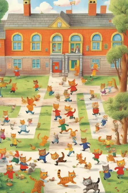 <lora:Richard Scarry Style:1>Richard Scarry Style - school yard, illustration for children book style of Richard Scarry, zoom out, fashionable cats playing and running