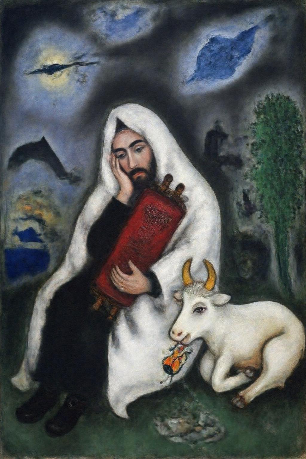 marcha9 painting 
A surreal, dreamlike scene. On the left, a bearded man, dressed in a long white robe and a turban, is depicted with a melancholic expression, leaning on a large, ornate red Torah scroll. His right hand is holding the scroll, while his left hand supports his head. The man's figure is rendered in a somber, muted color palette, contrasting with the vibrant, almost cartoonish elements surrounding him. To the right, a white cow with small, stylized horns is depicted lying down, with a small, delicate violin in its mouth, suggesting it is playing. <lora:marcha2_cap_d6a3e15:1.0><lora:814271807571078482:0>