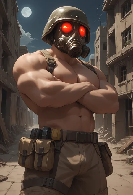 zPDXL3, score_9_up, score_8_up, score_7_up, detailed, (best quality:1.2), hi res, digital media \(artwork\) BREAK city ruins, night, solo, 1boy, hunkre, gas mask, helmet, topless, glowing eyes, muscular male, big pecs, broad shoulders, thick thighs, portrait, standing, crossed arms, looking at viewer <lora:HUNK_ResidentEvil_V1:0.8>