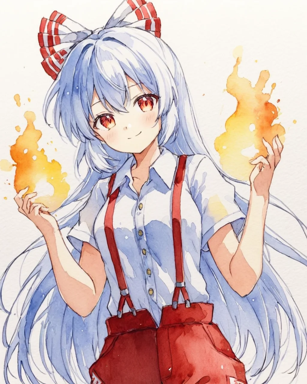 fujiwara no mokou,1girl, solo, suspenders, hair_bow, white_shirt, smile, dated, traditional_media, looking_at_viewer, collared_shirt, short_sleeves, red_pants, upper_body, hands_up, painting_\(medium\), watercolor_\(medium\), closed_mouth, white_bow, buttons
<lora:fujiwara_no_mokou_image4672_2023-12-14-000008:1>,star-shaped_pupils,symbol-shaped_pupils,. gorgeous,key visual, vibrant, studio anime,award-winning, professional, highly detailed,high budget, cinemascope