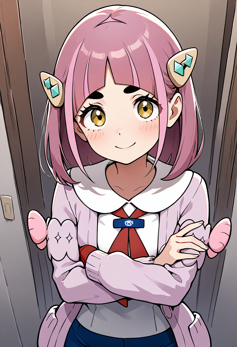 masterpiece, best quality, solo, curvy, beautiful eyes, narrow waist, wide hips, 1girl, solo, smile, looking at viewer, dynamic angle, foreshortening, close up,    zzLacey, lacey (pokemon), yellow eyes, pink hair, medium hair, hair ornament, thick eyebrows, arched bangs, hairclip, white shirt, collared shirt, red gloves, long sleeves, open cardigan, red neckerchief, single glove, blue pants,    ,<lora:LaceyPokemonIXL:1.0>, arms crossed, head tilted, cowboy shot, confident look,  looking at viewer,