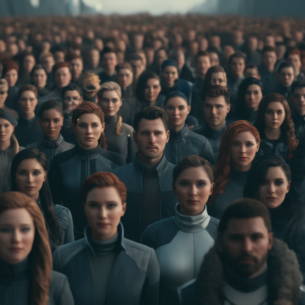 cinematic film still of  <lora:perfection style:0.3> perfection 
 <lora:Unreal Engine style:0.3> Unreal Engine
<lora:Detroit Become Human style:0.9>
In the year 2038 a large group of different people with different faces,long hair,looking at viewe, shallow depth of field, vignette, highly detailed, high budget, bokeh, cinemascope, moody, epic, gorgeous, film grain, grainy