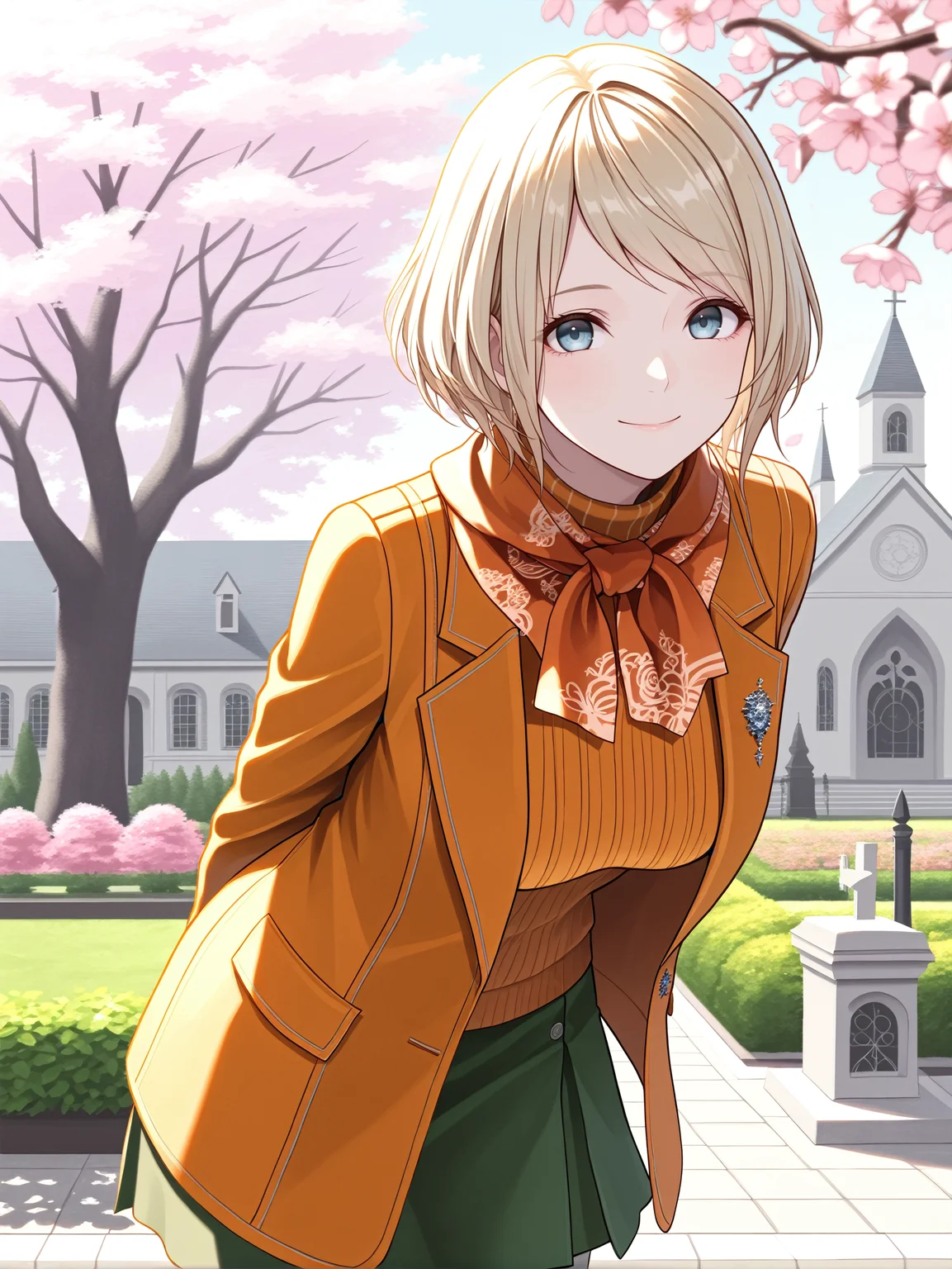 masterpiece, best quality, absurdres,
<lora:RE4Ashley:1.0>
RE4Ashley, 1girl, blonde hair, short hair, blue eyes, looking at viewer, arms behind back, leaning forward, standing, outdoors, cherry blossoms, smile, garden, church