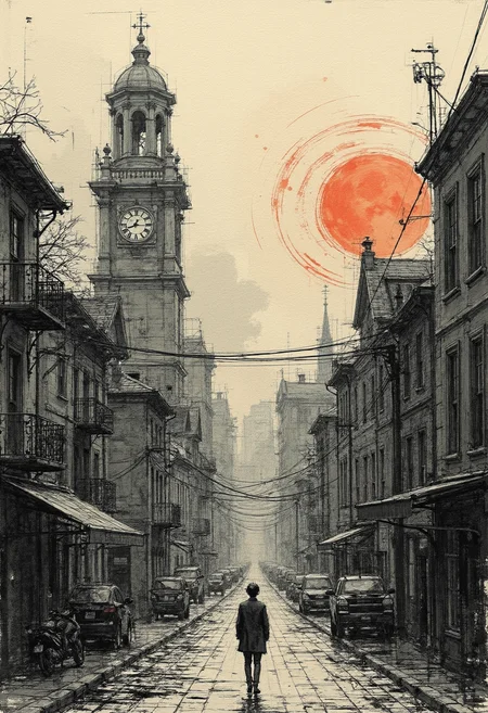 Embark on an ink-washed odyssey through a surreal urban world tiled in muted earth tones, where your gaze drifts vertically between layers of varying hues. In each vertical stretch, the monochromatic cityscape transforms subtly, seamlessly integrating different moods and perspectives into one unified dreamscape. The foreground showcases bold lines and sharp contrasts, reminiscent of the vibrant essence of life in this imaginary metropolis. As you gaze further into the distance, the ink-wash hues soften and blend harmoniously with misty wisps that engulf the landscape. Within this ethereal realm, a solitary figure stands within a striking ink-wash portrait, bathed in melancholic emotions and isolation. Each brushstroke carries a narrative weight, revealing the depths of the dreamers soul as their vulnerability echoes across the landscape. The ink-wash lines pulse with life, as if breathing new perspectives into the ever-changing tapestry of dreams. Amygdala Falls illuminates the citys eastern side, casting a warm glow onto the cold stone edifices while painting the sky in hues of reds and oranges. This shift in color scheme serves as a stark contrast against the monochromatic tiling elsewhere. Meanwhile, beyond this luminescent sunset lies another tiled area where soft blues and greens create an atmosphere reminiscent of tranquil waters or the quiet forests found far away from urban chaos. As day turns into night, the scene transforms once more. In one horizontal stretch, streetlights flicker on across rooftops and buildings, bathing the cityscape in the glow of urban illumination. Elsewhere, as midnight descends, an eerie blue light filters down from the heavens, casting long shadows upon cobblestone roads and alleyways. These stark transitions evoke a sense of unpredictability and wonderment as you continue exploring this ink-washed dreamworld tiled with myriad emotions and experiences. Ultimately, this digital illustration fuses the fantastical with reality while immersing viewers in its mesmerizing embrace. Each intricately detailed tile tells a story, inviting us to delve deeper into the complexities of urban life juxtaposed against ethereal dreamscapes. The result is an immersive visual journey that leaves us spellbound within its surrealistic canvas. ,<lora:flux/fav/ck-charcoal-drawing-000014.safetensors:1.0:1.0>