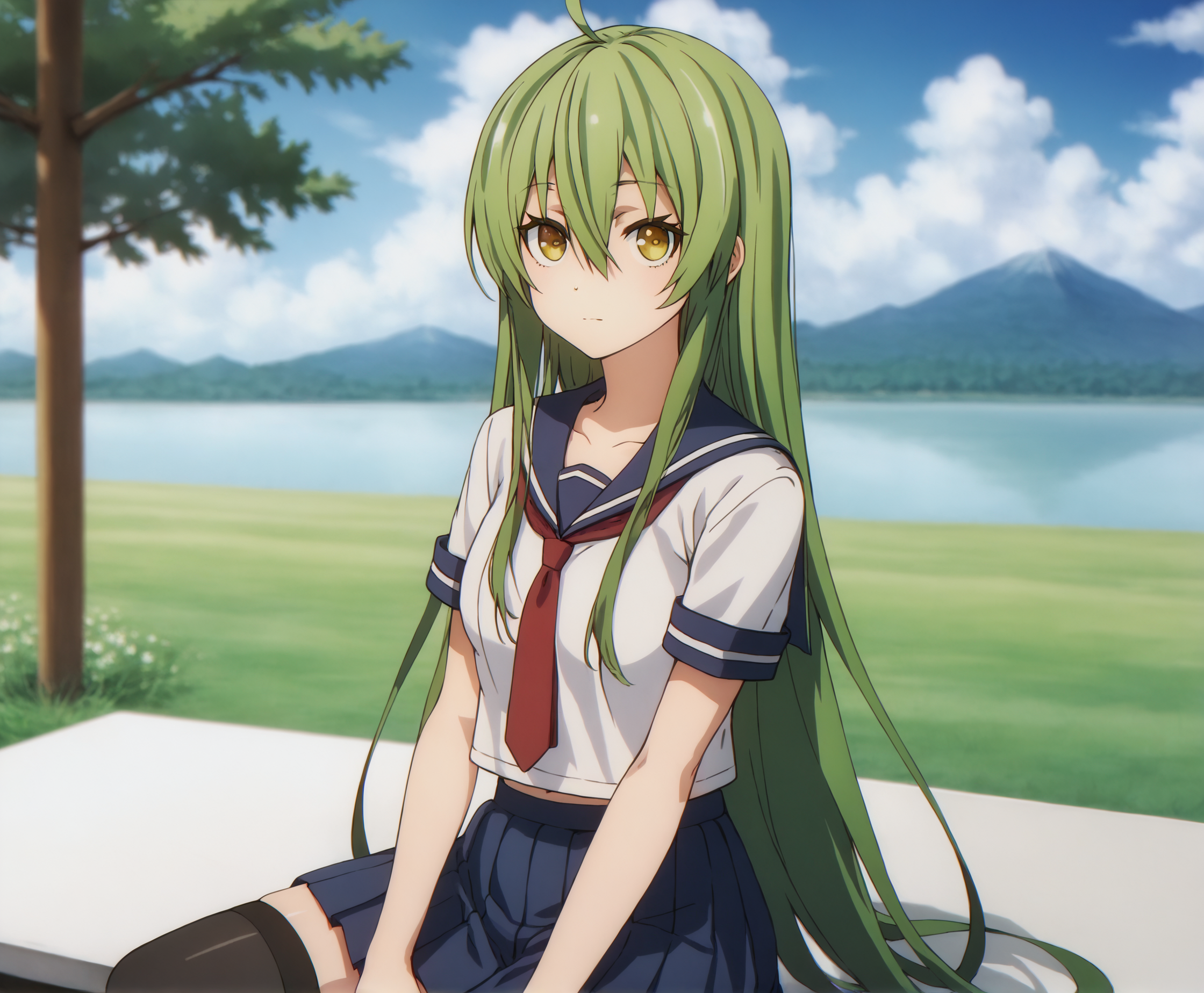 score_9, score_8_up, score_7_up, highres, hi res, best quality, masterpiece, 2d, intricate details, 4k, anime coloring, shadow, uncensored,
1girl, solo, female, long hair, hair between eyes, very long hair, yellow eyes, green hair, ahoge, 
school uniform, serafuku, sailor collar, necktie, red necktie, pleated skirt, stocking, thighhighs, 
upper body, portrait, looking at viewer, sitting, 
outdoors, on grass, grass, field, depth of field, horizon, field, blue sky, cloudy sky, mountains, forests, tree, <lora:Satori_Tamaba1024_Pony:1>, busou shoujo machiavellism, tamaba satori,