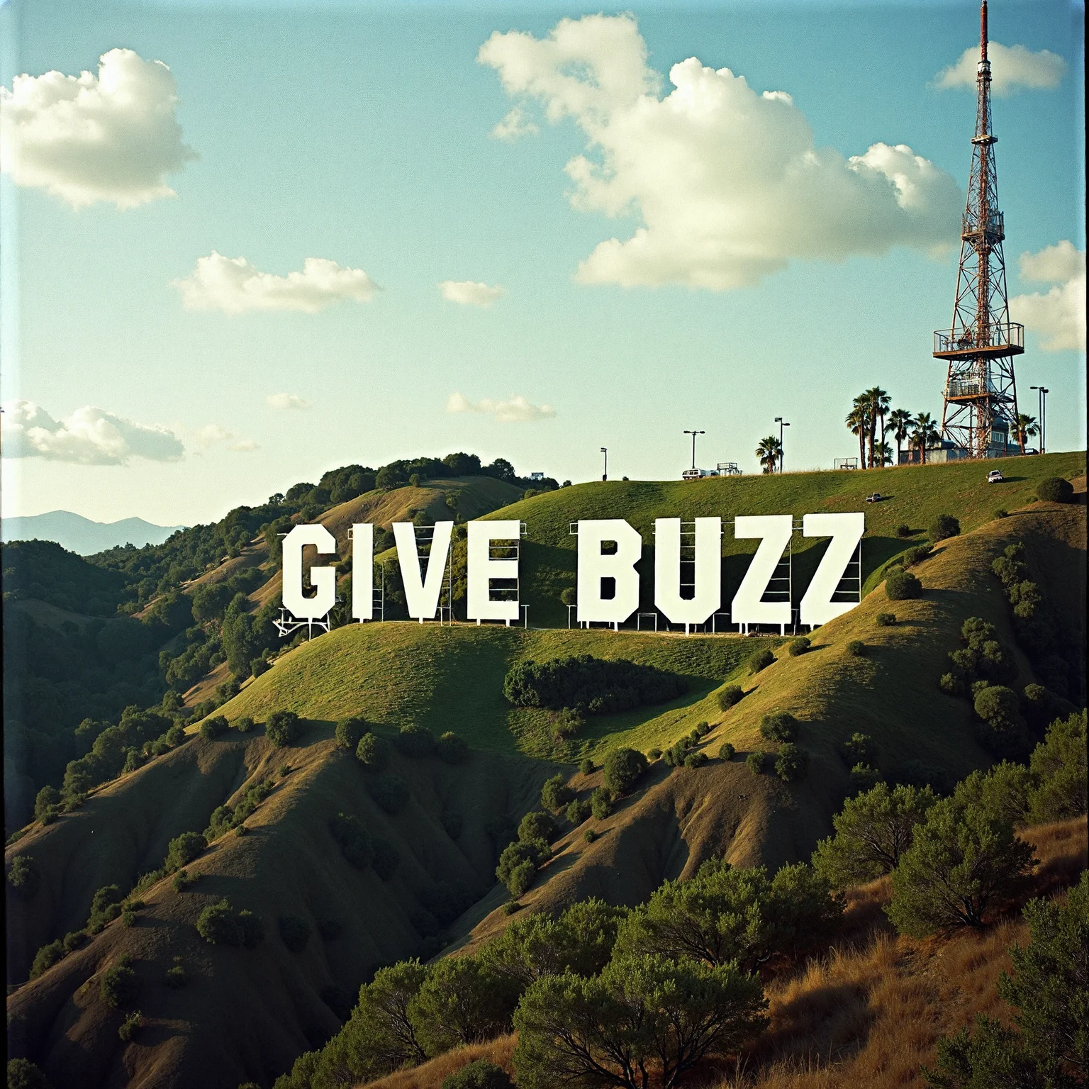 A hyper-realistic photograph of the words "GIVE BUZZ" in the same style and font of the iconic HOLLYWOOD sign. The scene is captured on 35mm film, giving it a slightly grainy, analog texture. The sign sits prominently against the backdrop of the Los Angeles hills, with lush greenery and a partially cloudy sky providing a contrasting background. The image is highly detailed, showcasing the textures of the lettering, the surrounding landscape, and the vibrant natural lighting that adds depth to the scene.
