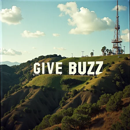 A hyper-realistic photograph of the words "GIVE BUZZ" in the same style and font of the iconic HOLLYWOOD sign. The scene is captured on 35mm film, giving it a slightly grainy, analog texture. The sign sits prominently against the backdrop of the Los Angeles hills, with lush greenery and a partially cloudy sky providing a contrasting background. The image is highly detailed, showcasing the textures of the lettering, the surrounding landscape, and the vibrant natural lighting that adds depth to the scene.