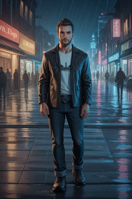 score_9, score_8_up, score_7_up,
<lora:FC5Joseph:0.8>
FC5Joseph, 1boy, brown hair, blue eyes, facial hair, looking at viewer, standing in the rain on a neon-lit city street at night, full body