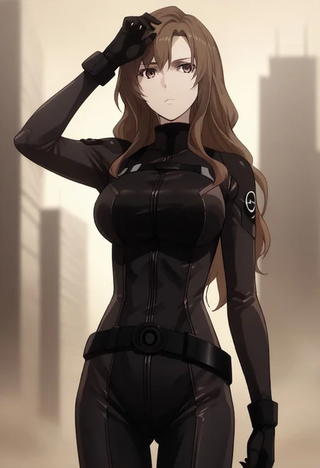 score_9, score_8_up, score_7_up, score_6_up, score_5_up, score_4_up, source_anime, solo, 1girl, 
Moeka rounders outfit | Brown hair, long hair, brown eyes, bodysuit, belt, large breasts, black gloves, 
masterpiece, best quality, very aesthetic, absurdres,