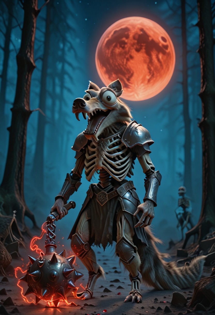 Masterpiece, absurdres, newest, best quality, semi-realistic, animal, Scrat, long snout, bushy tail, bulging eyes, striped tail, knight helmet, open visor, holding magic spiked flail, glowing flail, screaming, detailed forest background, blood moon, night, skeletons in the background,