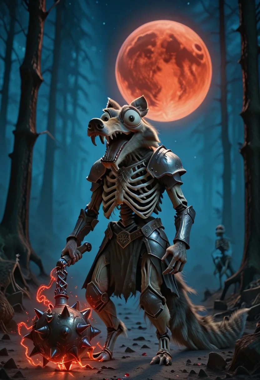Masterpiece, absurdres, newest, best quality, semi-realistic, animal, Scrat, long snout, bushy tail, bulging eyes, striped tail, knight helmet, open visor, holding magic spiked flail, glowing flail, screaming, detailed forest background, blood moon, night, skeletons in the background,